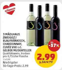 PENNY 3 mädlhaus zweigelt/ blaufränkisch, chardonnay, cuvée viki od. gelber muskateller Angebot
