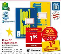 Interspar Ursus OE Schulhefte A4 Angebot