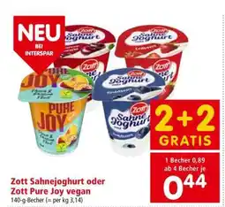 Interspar Zott Sahnejoghurt oder Zott Pure Joy vegan Angebot