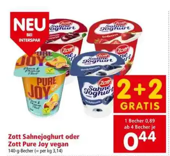 Interspar Zott Sahnejoghurt oder Zott Pure Joy vegan Angebot