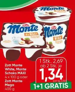 Spar Zott Monte White, Monte Schoko MAXI 4 x 100 g oder Zott Monte Mega Angebot