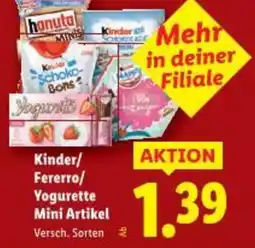 Lidl Kinder/ fererro/ yogurette mini artikel versch. sorten Angebot