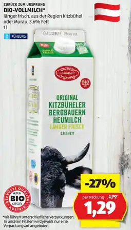 Hofer Zurück zum ursprung bio- vollmilch Angebot