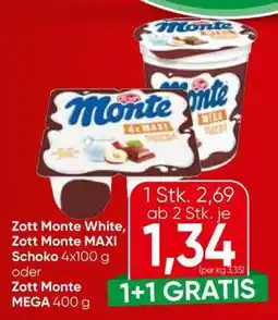 Spar Zott Monte White, Zott Monte MAXI Schoko 4x100 g oder Zott Monte MEGA 400 g Angebot