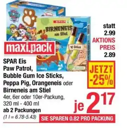 Maximarkt Spar eis paw patrol, bubble gum ice sticks, peppa pig, orangeneis oder birneneis am stiel Angebot