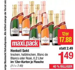 Maximarkt Maxi.pack henkell sekt trocken, halbtrocken, blanc de blancs oder rosè, 0,2 liter im 12er-karton je flasche Angebot