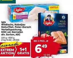 Billa Corso Iglo Wildlachs, Kabeljau Naturfilet, Polar-Dorsch Vorteilspackung, MSC od. Garnelen Angebot