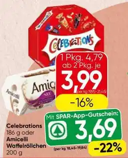 Spar Celebrations 186 g oder Amicelli Waffelröllchen 200 g Angebot
