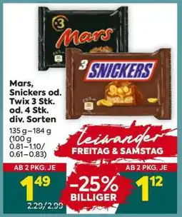 Billa Mars, Snickers od. Twix 3 Stk. od. 4 Stk. div. Sorten Angebot