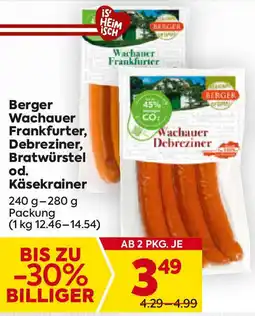 Billa Berger wachauer frankfurter, debreziner, bratwürstel od. käsekrainer Angebot