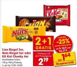 Interspar Lion riegel 5er, nuts riegel 5er oder kit kat chunky 4er Angebot