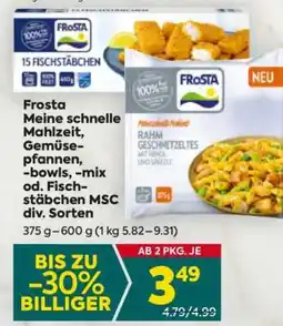 Billa Frosta Meine schnelle Mahlzeit, Gemüsepfannen, -bowls, -mix od. Fischstäbchen MSC div. Sorten Angebot