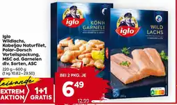 Billa Iglo Wildlachs, Kabeljau Naturfilet, Polar-Dorsch Vorteilspackung, MSC od. Garnelen Angebot