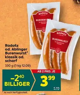 Billa Radatz od. ablinger burenwurst klassik od. scharf Angebot