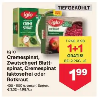 MPreis iglo Cremespinat, Zwutschgerl Blattspinat, Cremespinat laktosefrei oder Rotkraut Angebot