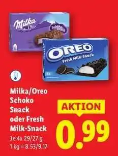 Lidl Milka/Oreo Schoko Snack oder Fresh Milk-Snack Angebot