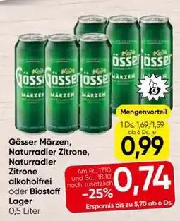 Spar Gösser Märzen, Naturradler Zitrone, Naturradler Zitrone alkoholfrei oder Biostoff Lager Angebot