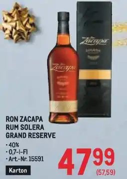 Metro Ron Zacapa Rum Solera Grand Reserve Angebot