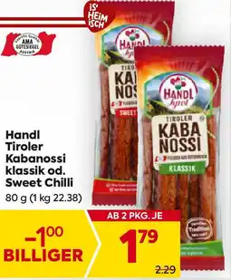 Billa Handl Tiroler Kabanossi klassik od. Sweet Chilli Angebot