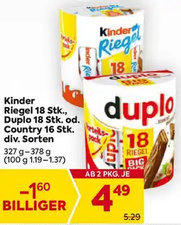 Billa Kinder Riegel 18 Stk., Duplo 18 Stk. od. Country 16 Stk. Angebot