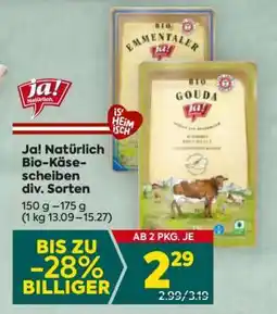 Billa Ja! Natürlich Bio-Käsescheiben div. Sorten Angebot