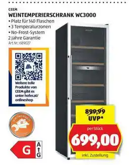 Hofer WEINTEMPERIERSCHRANK WC3000 Angebot