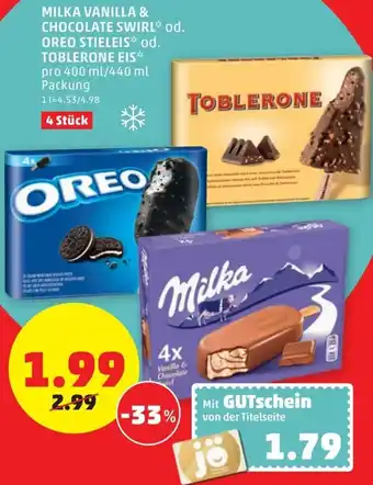 PENNY Milka Vanilla & Chocolate Swirl Od. Oreo Stieleis Od. Toblerone Eis 400 ml/440 ml Angebot