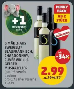 PENNY 3 MÄDLHAUS ZWEIGELT/BLAUFRÄNKISCH, CHARDONNAY, CUVÉE VIKI od. GELBER MUSKATELLER Angebot