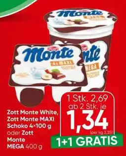 Spar Zott Monte White, Zott Monte MAXI Schoko 4×100 g oder Zott Monte MEGA 400 g Angebot