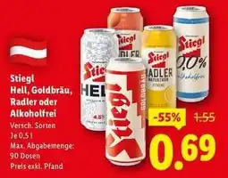 Lidl Stiegl Hell, Goldbräu, Radler oder Alkoholfrei Angebot