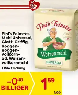 Billa Fini's Feinstes Mehl Universal, Glatt, Griffig, Roggen-, Roggen- vollkorn- od. Weizen- vollkornmehl Angebot