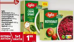 Billa Iglo Rotkraut , Cremespinat , Cremespinat laktosefrei , Blattspinat Zwutschgerl od. Rahm- Spinat Angebot