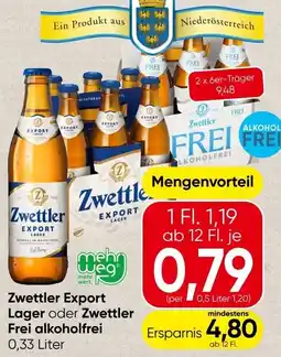 Spar Zwettler Export Lager oder Zwettler Frei alkoholfrei Angebot