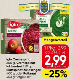 Spar Iglo Cremespinat, Cremespinat laktosefrei, Blattspinat Zwutschgerl oder Rotkraut Angebot