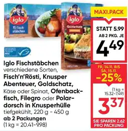 Maximarkt Iglo fischstäbchen fisch'n'rösti, knusper abenteuer, goldschatz, ofenback- fisch, filegro oder polar- dorsch in knusperhülle Angebot