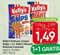 Spar Kelly's Erdnuss/Linsen Snips oder Kelly's Donuts Peanuts Caramel Angebot