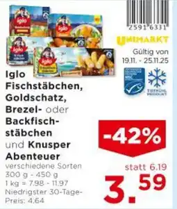 Unimarkt Iglo Fischstäbchen Goldschatz Brezel- oder Backfisch- stäbchen und Knusper Abenteuer Angebot