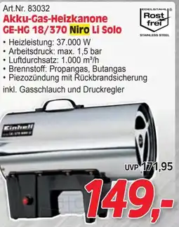 Zgonc Akku-Gas-Heizkanone GE-HG 18/370 Niro Li Solo Angebot