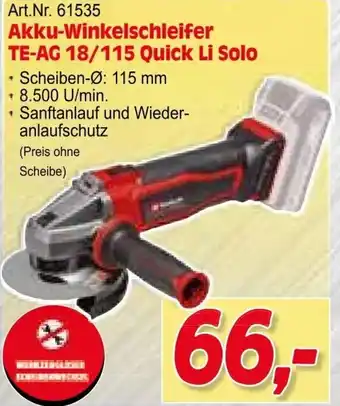 Art.Nr. 61535 Akku-Winkelschleifer TE-AG 18/115 Quick Li Solo