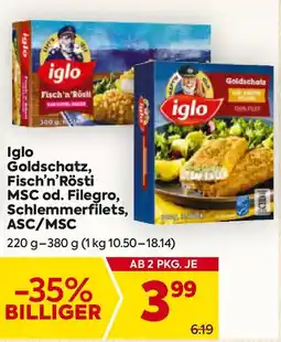 Billa Iglo Goldschatz, Fisch'n'Rösti MSC od. Filegro, Schlemmerfilets, ASC/MSC Angebot
