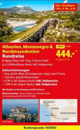 Lidl Albanien, Montenegro & Nordmazedonien Rundreise Angebot