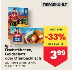 MPreis iglo Fischstäbchen, Goldschatz oder oder Ofenbackfisch 220-450 g, versch. Sorten, Angebot