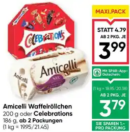 Maximarkt Amicelli Waffelröllchen oder Celebrations Angebot