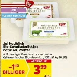 Billa Ja! Natürlich Bio-Schafschnittkäse natur od. Pfeffer Angebot