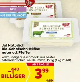 Billa Ja! Natürlich Bio-Schafschnittkäse natur od. Pfeffer Angebot