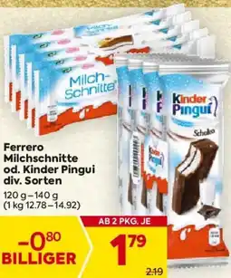 Billa Ferrero Milchschnitte od. Kinder Pingui div. Sorten Angebot