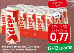 Spar Stiegl Goldbräu, Hell, 0,0% alko- holfrei oder Radler Himbeere Angebot