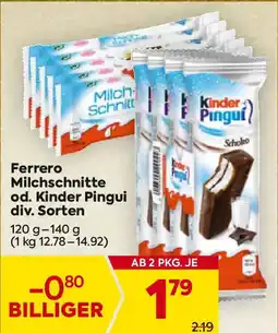 Billa Ferrero Milchschnitte od. Kinder Pingui div. Sorten Angebot
