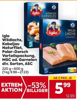 Billa Iglo wildlachs kabeljau naturfilet polar-dorsch vorteilspackung, msc od. garnelen div. sorten, asc Angebot