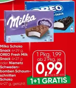 Eurospar Milka Schoko Snack, OREO Fresh Milk Snack, oder Niemetz Schweden- bomben Schaum- schnitten Schoko Angebot